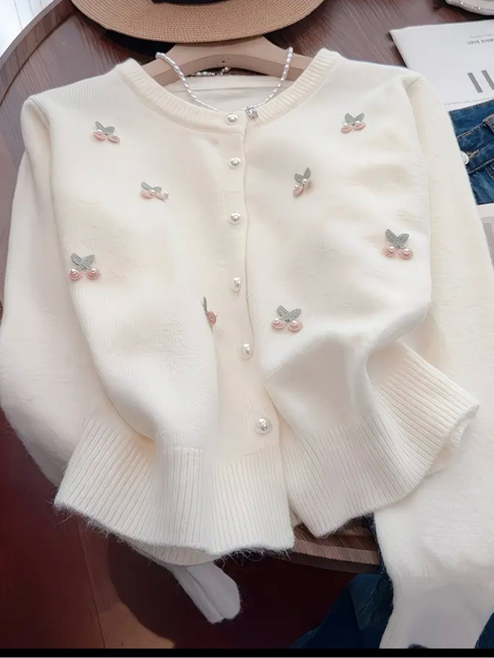 Elegant Cream Embellished Sweater Cardigan